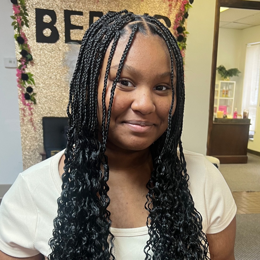 Client with finished braids at Berly's salon — McKeesport, Pennsylvania